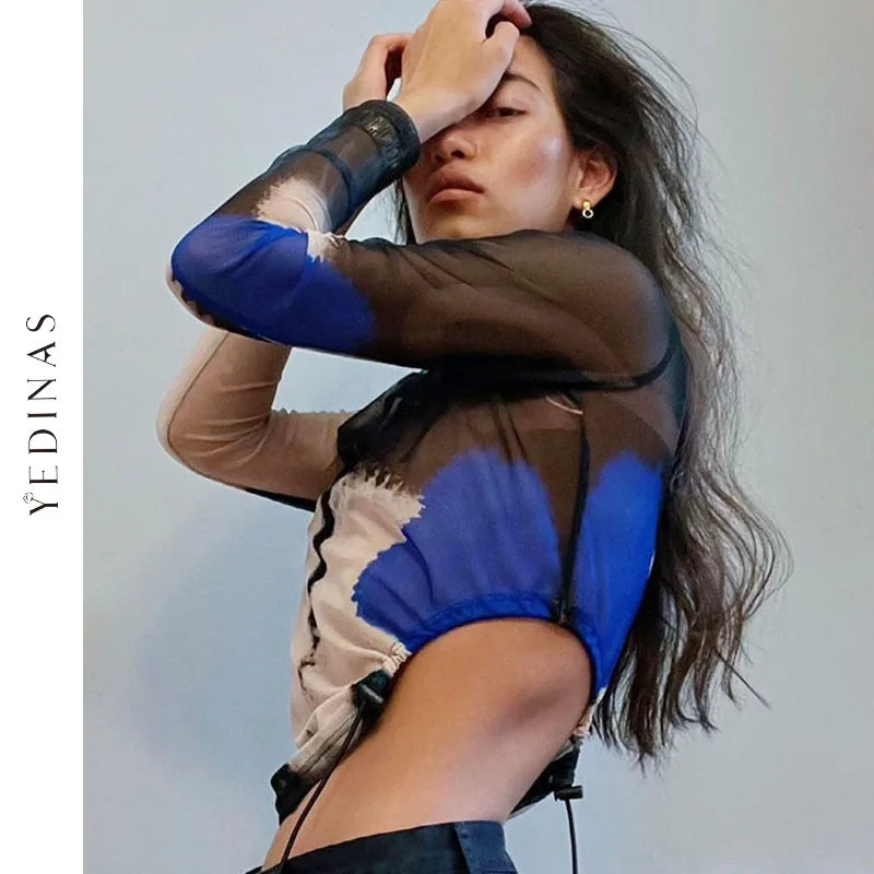 

Yedinas Streetwear Tie Dye T Shirt Women Tops Long Sleeve Y2k Style O Neck Lace Up Ladies T-shirt Harajuku Tee Shirt Femme 2021