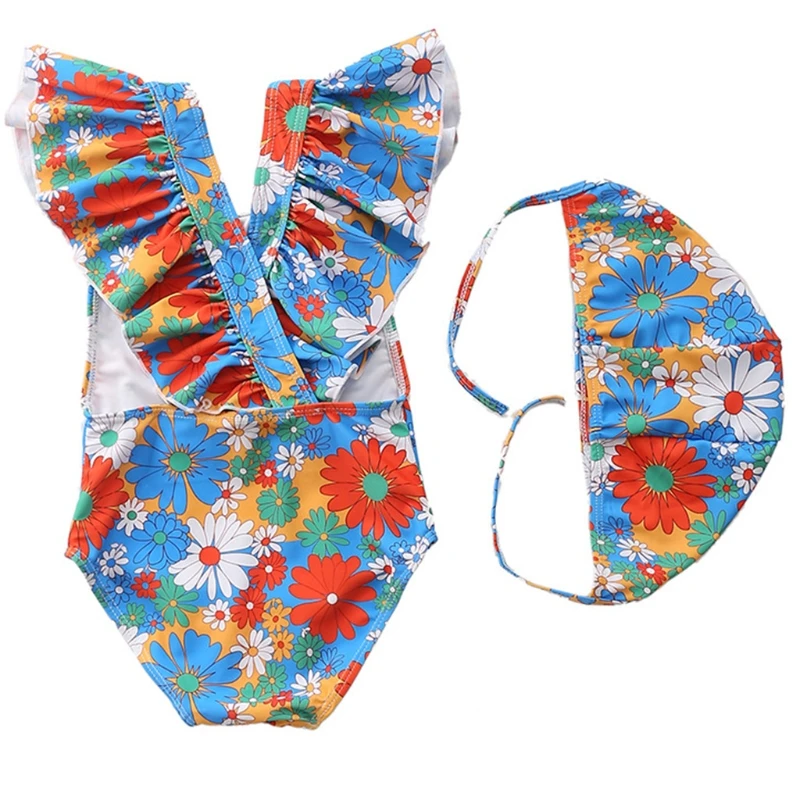

K3NF Toddler Kids Baby Girls Summer Monokini Swimsuit with Swim Cap Set Ruffles Cross Backless Swimwear Cartoon Bathing Suit