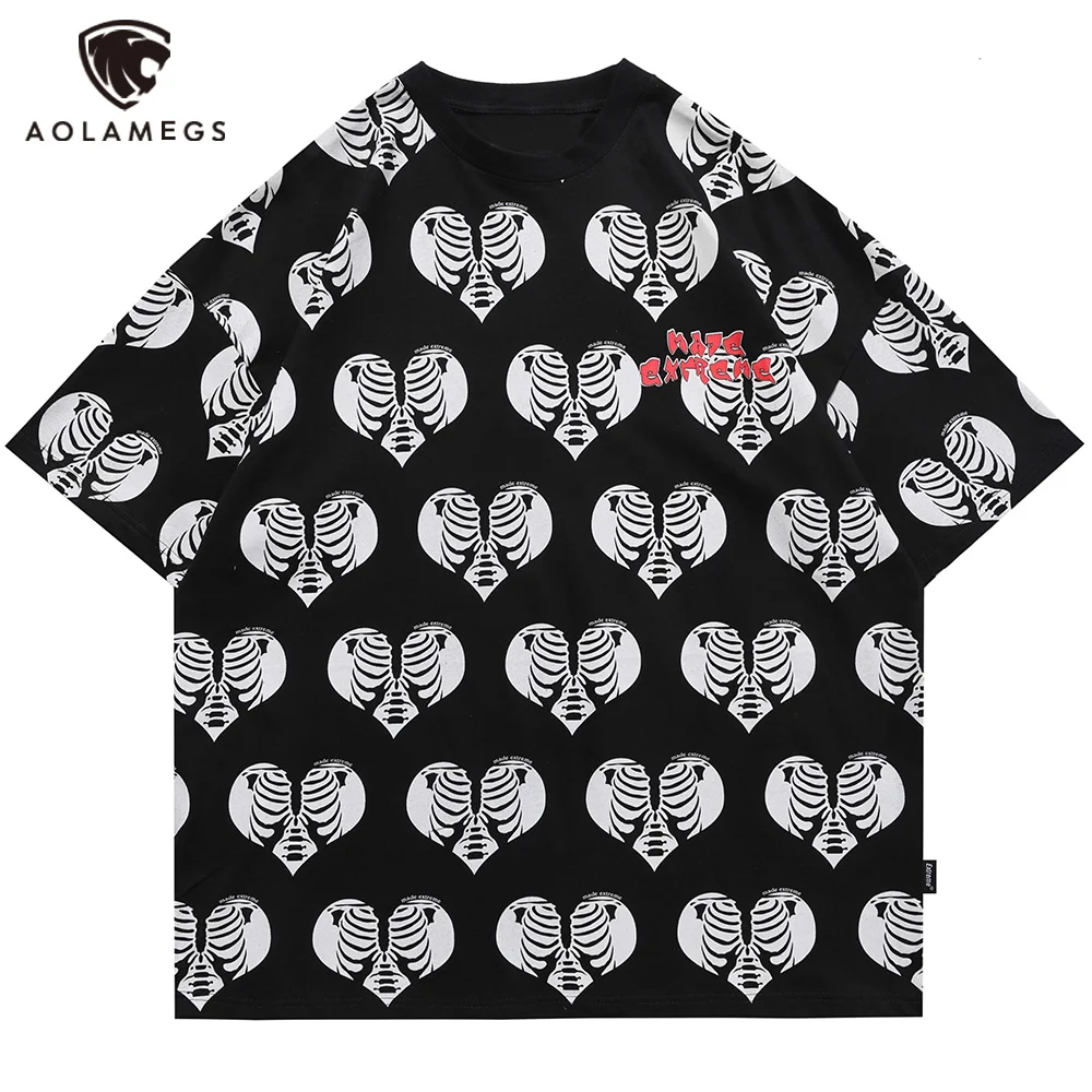 

Мужская футболка Aolamegs, Повседневная футболка с принтом в виде скелета и сердца в стиле Харадзюку, летняя уличная одежда