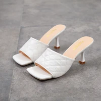 2021 sandals women summer wear high heels stiletto diamond square head half slippers roman word retro womens shoes