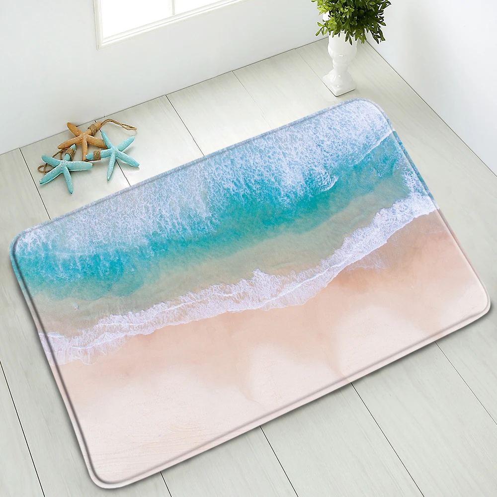 

Summer Blue Ocean Floor Mat Beach Tree Plant Bathroom Bath Mats Kitchen Bedroom Carpet Flannel Non-Slip Water Absorption Home