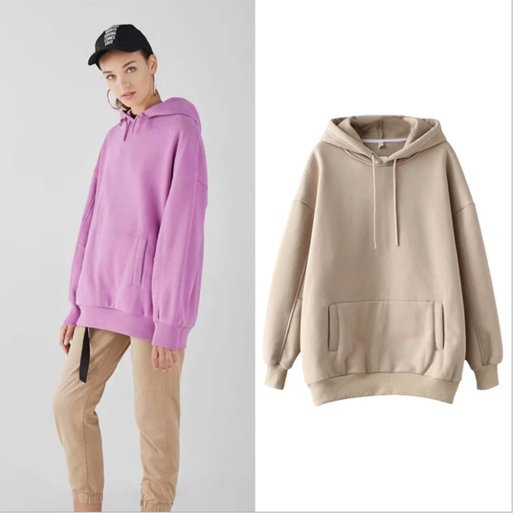 

Women Hoodies Solid Color Sweatshirts Tops Autumn Casual Loose Hooded Long Sleeve Pocket Fleece Warm Pullovers Oversize