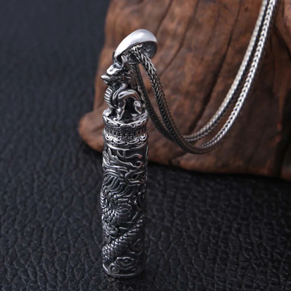 

Jade Angle Solid Sterling Silver Tibetan Dragon Gau Pendant Necklace For Men ngraved Dragon Buddhist Prayer Box Pendant