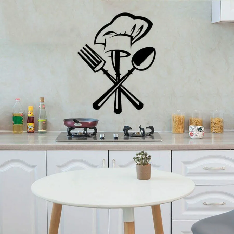 

Creative Wall Decal Cutlery Knife Fork Chef Hat Vinyl Wall Sticker for Restaurant Kitchen Decoration Removable Mural Art S1026
