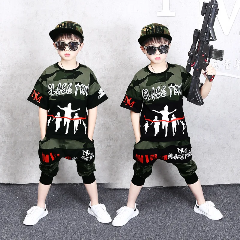 2022 Summer Kids Clothes Boy Children Sets Camouflage Baby hip hop Sport Suit Teenager short t  shirt + pant 4 6 8 9 10 12 Years