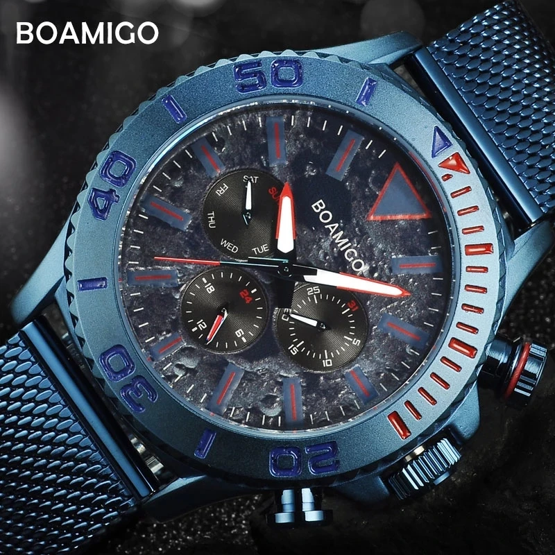 

BOAMIGO Japan Quartz Watch Men Fashion Luminous Business Date Week Stainless Steel Mens Wristwatches Waterproof Male Clock 2021