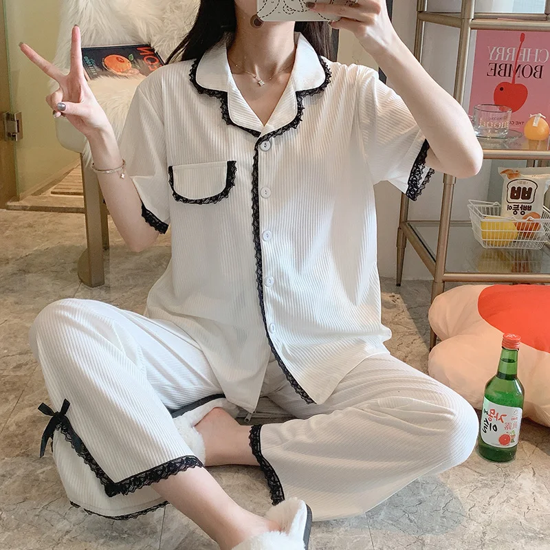 

Princess Style Pajamas Women's Summer Cardigan Lace Short Sleeve Trousers Suit White Simple Cotton Home Wear Spring and Autumn