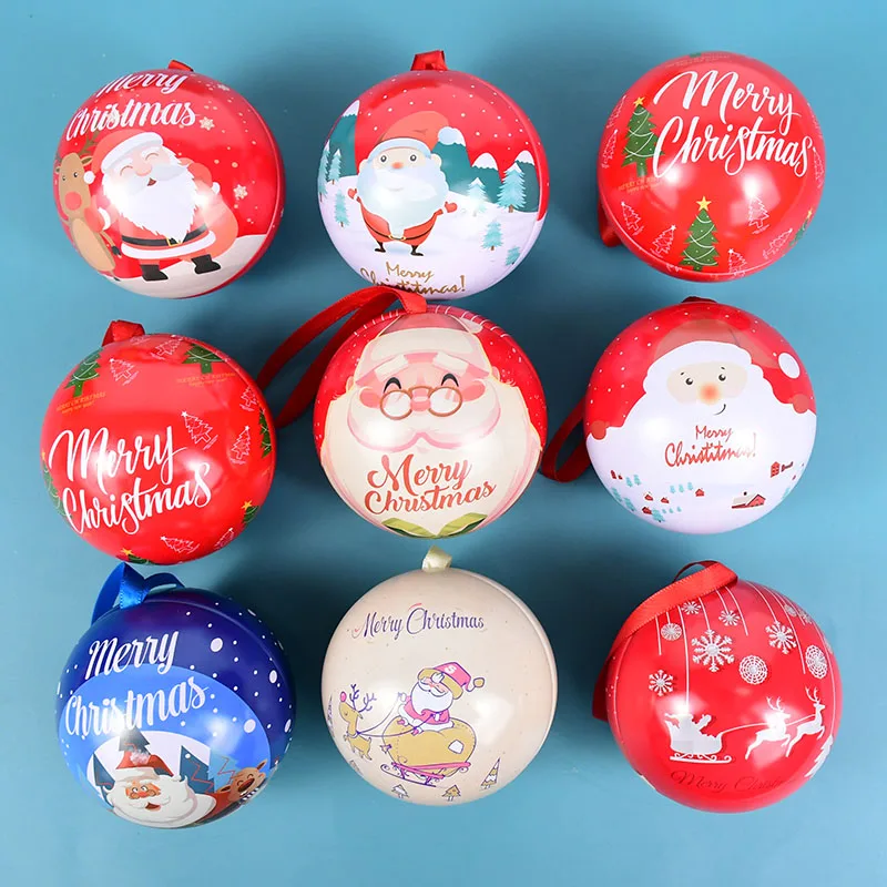 

2Pcs Merry Christmas Santa Printing Round Ball Shaped Mini Tin Box Round Empty Case Candy Storage Case Navidad Party Kids Favors