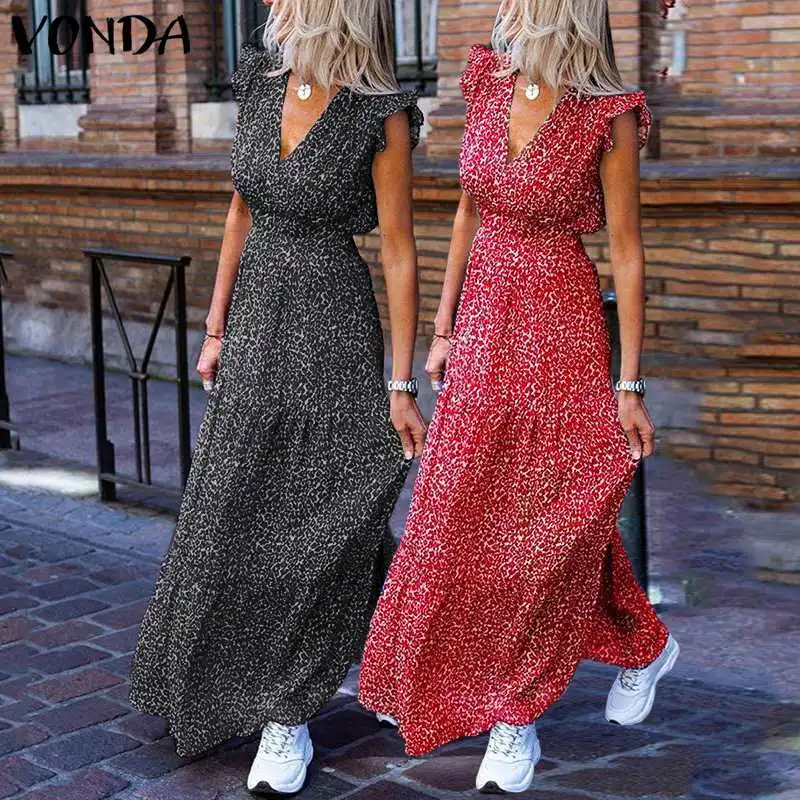 VONDA Bohemian Summer Dress 2022 Sexy V Neck Sleeveless Vintage Floral Printed Long Maxi Dresses Beach Holiday Vestido | Женская одежда