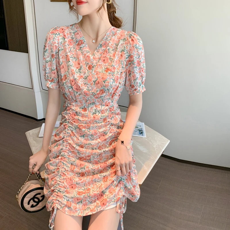 

Women's Dress 2021 Summer New Women's Clothes Temperament V-neck Sexy Top Women Mini Skirt Waist Floral Chiffon Dress Women