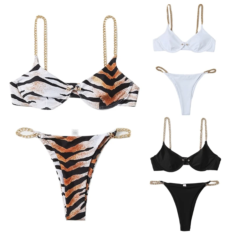

Summer Ladies Solid Color Split Swimsuit Pure Color Comfortable Chain Clause Fashion Sexy Swimsuit Beachwear Bikini Set