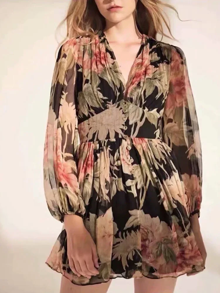 

2021 fall new style elegant literary temperament self-cultivation niche retro print V-neck puff sleeve waist-waist jumpsuit