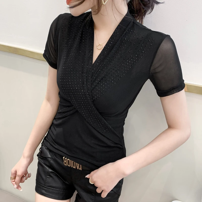 

#5976 White Red Black Red Sexy Mesh T Shirt Women V Neck Casual Wrap T Shirt Female Short Sleeves Slim Womens Tshirt Diamonds