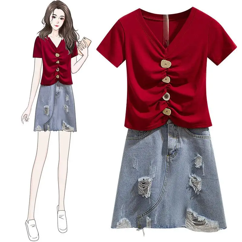 

ICHOIX Crop tops and skirt set women 2 piece set Korean outfits girl summer set clothes v-neck t-shirt jean skirt suit women