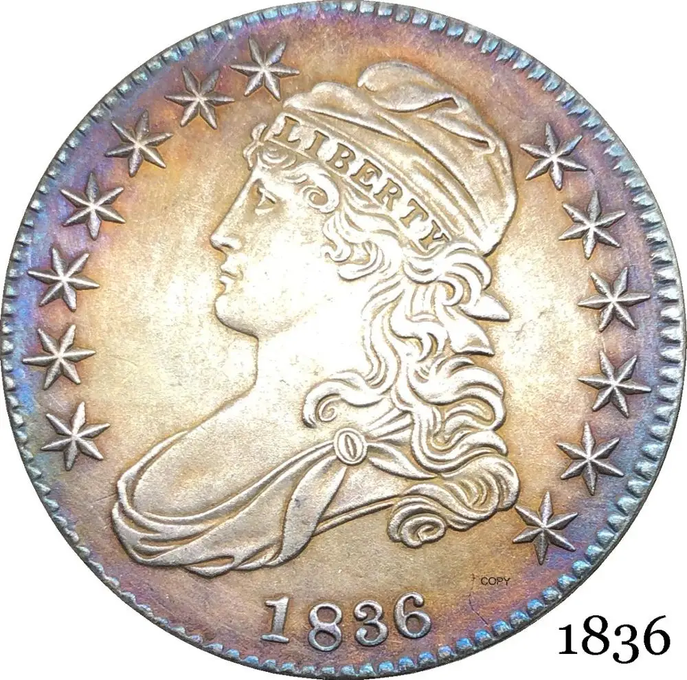 Соединенные Штаты Америки Свобода Орл 1836 50 центов 1/2 доллара закрытый бюст половина доллара купроникель Посеребренная КОПИЯ монета Соединенные Штаты Америки Свобода Орл 1836 50 центов 1/2 доллара закрытый бюст половина доллара купроникель Посеребренная КОПИЯ монета