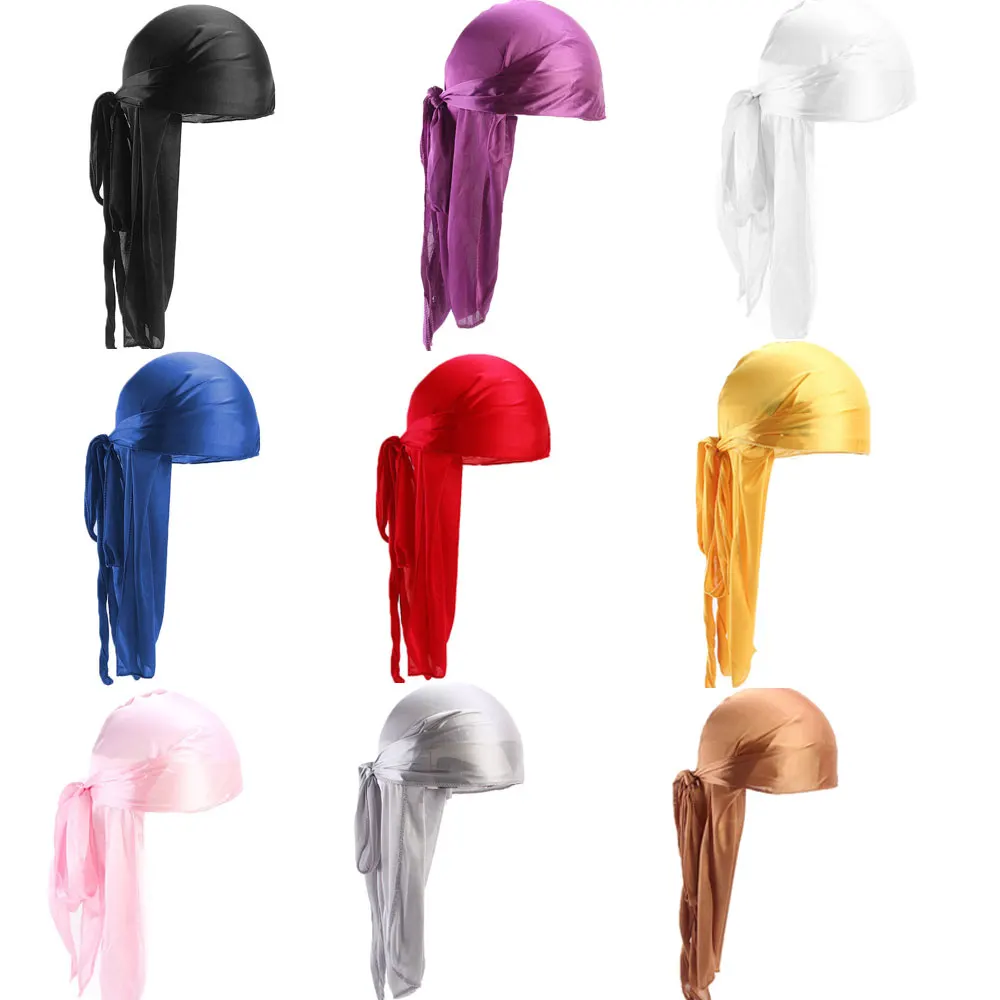Unisex Long Silk Satin Breathable Turban Hat Wigs Durag Biker Headwrap Chemo Cap Pirate Hat Men Hair Accessories
