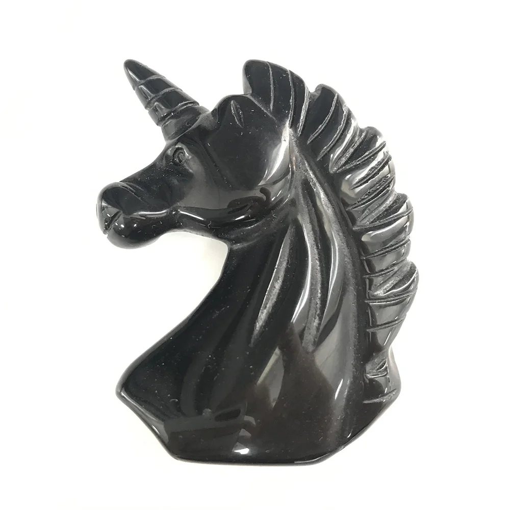 Высококачественный натуральный камень 2 дюйма черный обсидиан единороги форма
