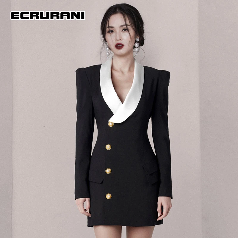 

Элегантное платье ECRURANI Colorblock для женщин, V-образный вырез, длинный рукав, высокая талия, стройнящие мини-платья, женская осенняя новая одежда...