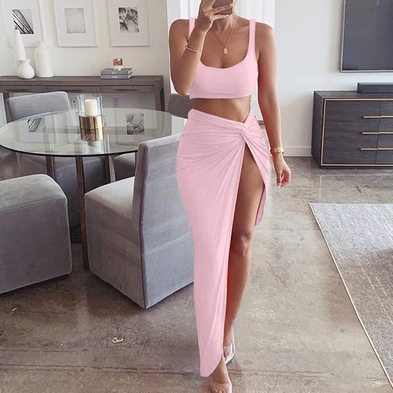 

Summer Women's New Suit Solid Color Low-neck Wrapped Chest-wrapped Camisole Low-waist High-slit Tight-fitting Skirt For Ladies