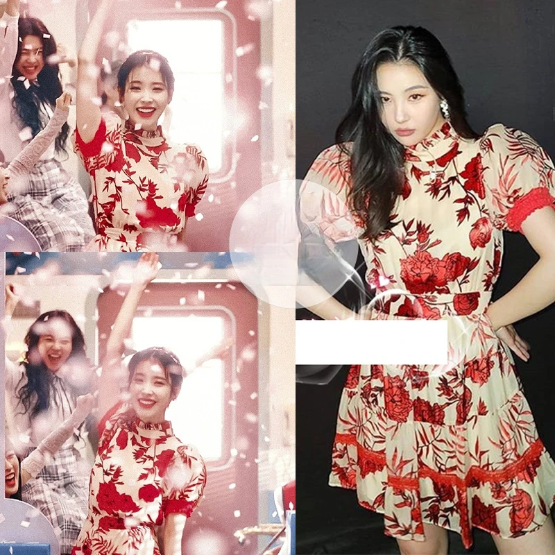 

Kpop IU Lee Ji Eun, летнее Новое Элегантное Цветочное платье с пышными рукавами, женское винтажное французское сексуальное платье, повседневные пр...