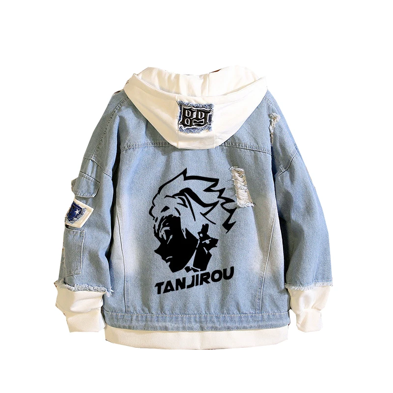 

Куртка женская джинсовая с капюшоном, худи из денима в стиле Харадзюку, с изображением рассеянных демонов, уличная одежда из аниме джинсов, свитшот для мужчин