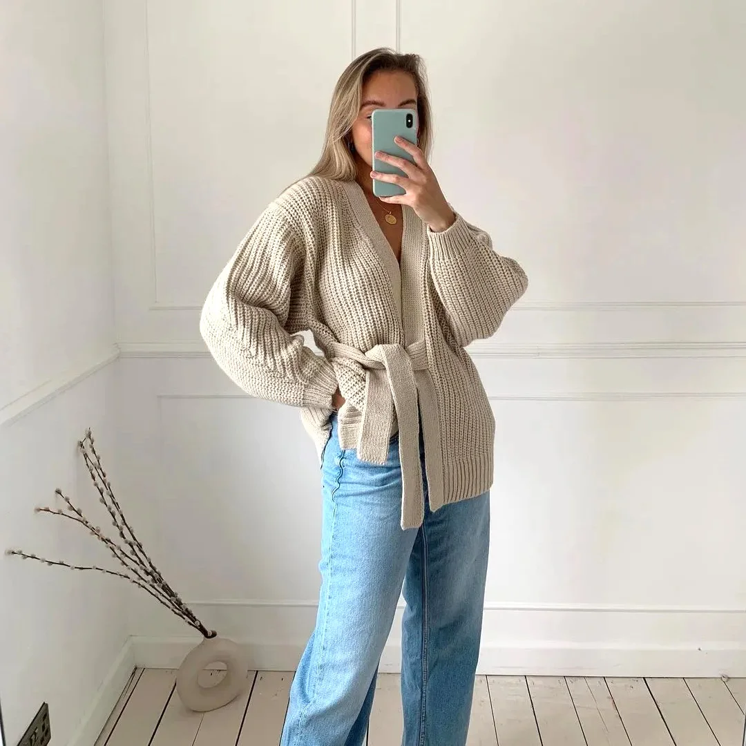 

Женский трикотажный кардиган с бантом, бежевый двубортный свободный кардиган с запахом и длинным рукавом, повседневная одежда на осень