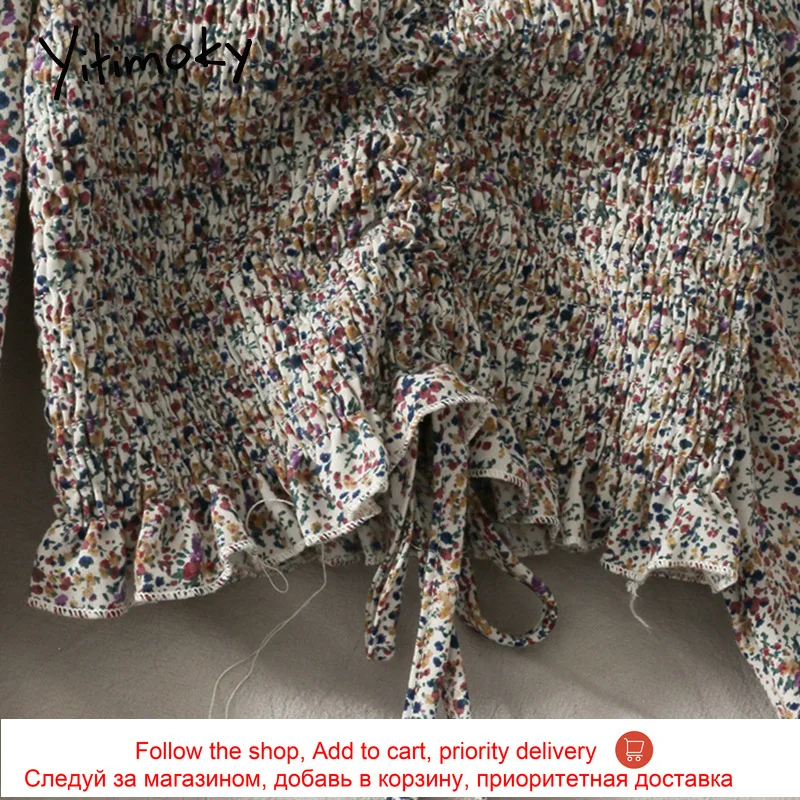 

Yitimoky Floral Print Folds Blouses Women Flare Sleeve Long Sleeve Lace Up Shirts Slash Neck Top 2021 Spring Fashion New Clothes