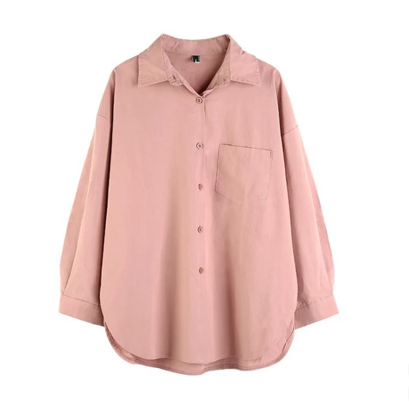 

2020 Spring Autumn Women Shirts White Plain Loose Oversized Blouses Female Tops Loose BF Korean Style Blusas Pockets