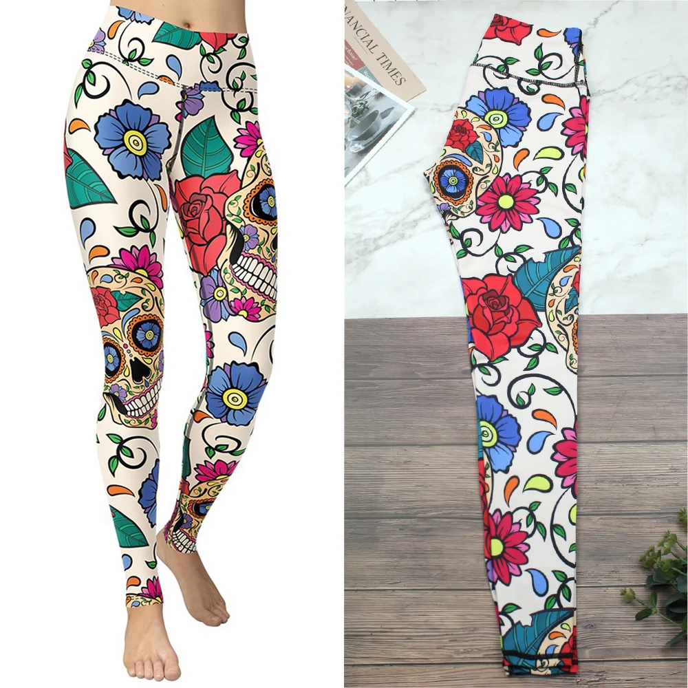 

Штаны для йоги с высокой талией, леггинсы для фитнеса, женские забавные брюки с принтом черепа, спортивные Леггинсы для йоги с цветочным при...