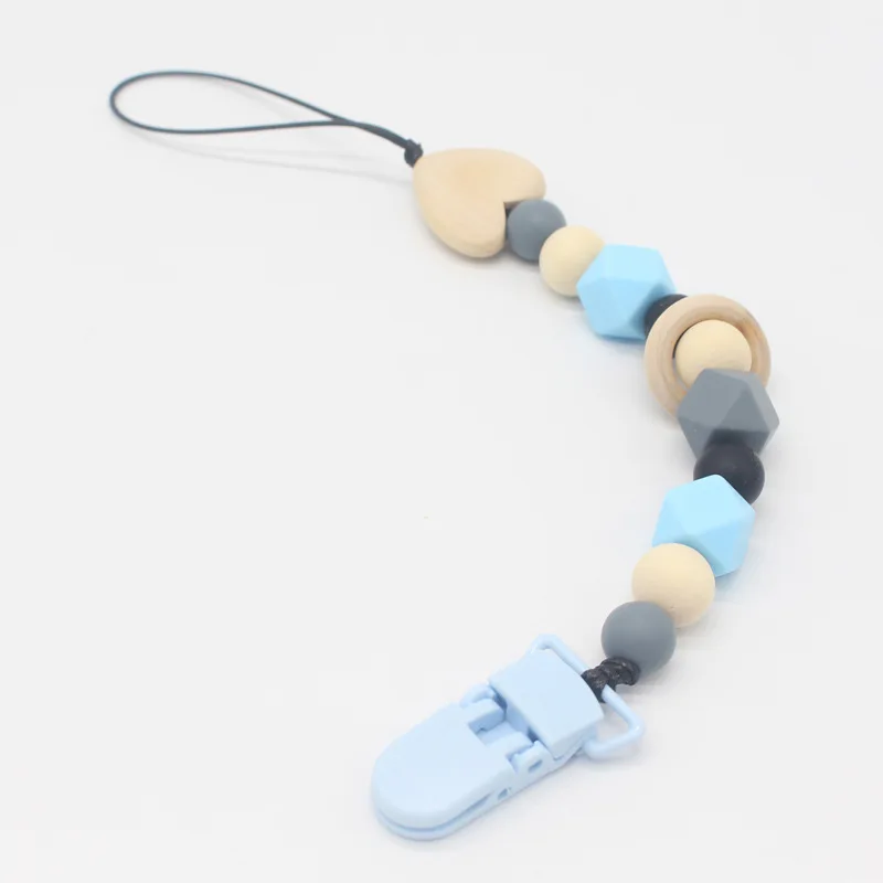Chupete de silicona para dentici&oacute;n de beb&eacute;, 1 unidad, Clips de madera, cadena para chupete, juguetes para morder-3