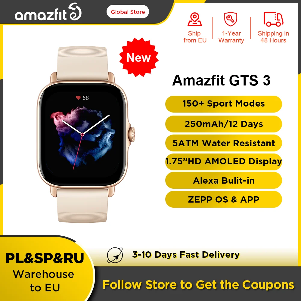 New Amazfit GTS 3 GTS3 GTS-3 Smartwatch Alexa Built-in GPS 5 ATM Waterproof Female Cycle Monitoring Smart Watch for Android IOS