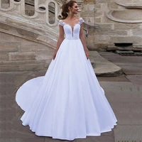 scoop neck short sleeves wedding dresses lace appliques satin long custom made bridal gowns formal long robe de mariage spring