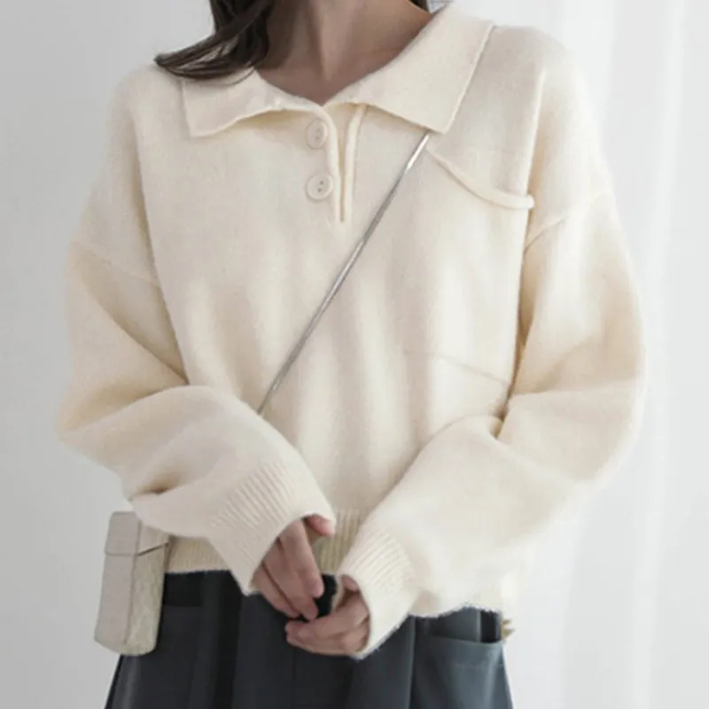 

Women's Sweater Autumn Winter 2021 New Korean Fashion Knitted Sweaters Women Long Sleeve Buttons Solid Pullovers Sweater Female