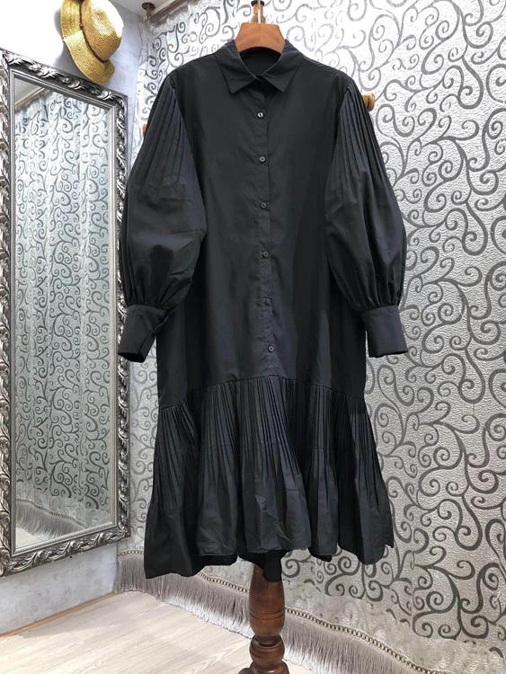 

2021 spring new women's Lapel solid color decoration fashion lantern long sleeve lotus leaf dress 306