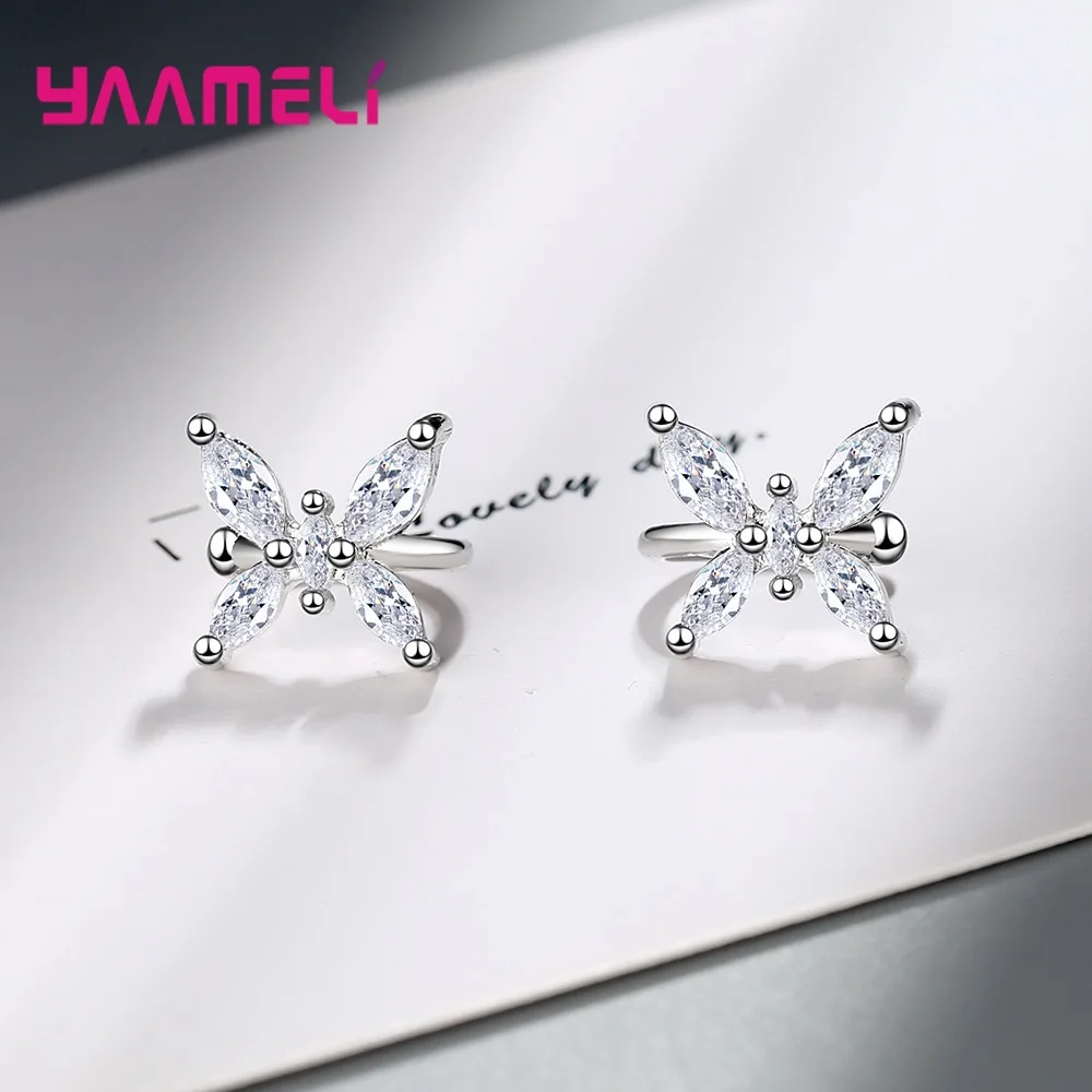 Big Promotion Sterling Silver 925 Cuff Clip On Earrings Sweet Clear CZ Diamond Crystal Bowknot Ear Brincos Jewelry for Wedding | Украшения