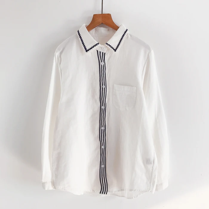 

New Spring Autumn Women Tops Mori Girl Literary Embroidery Japan Style Double Cotton Yarn Women's Shirt