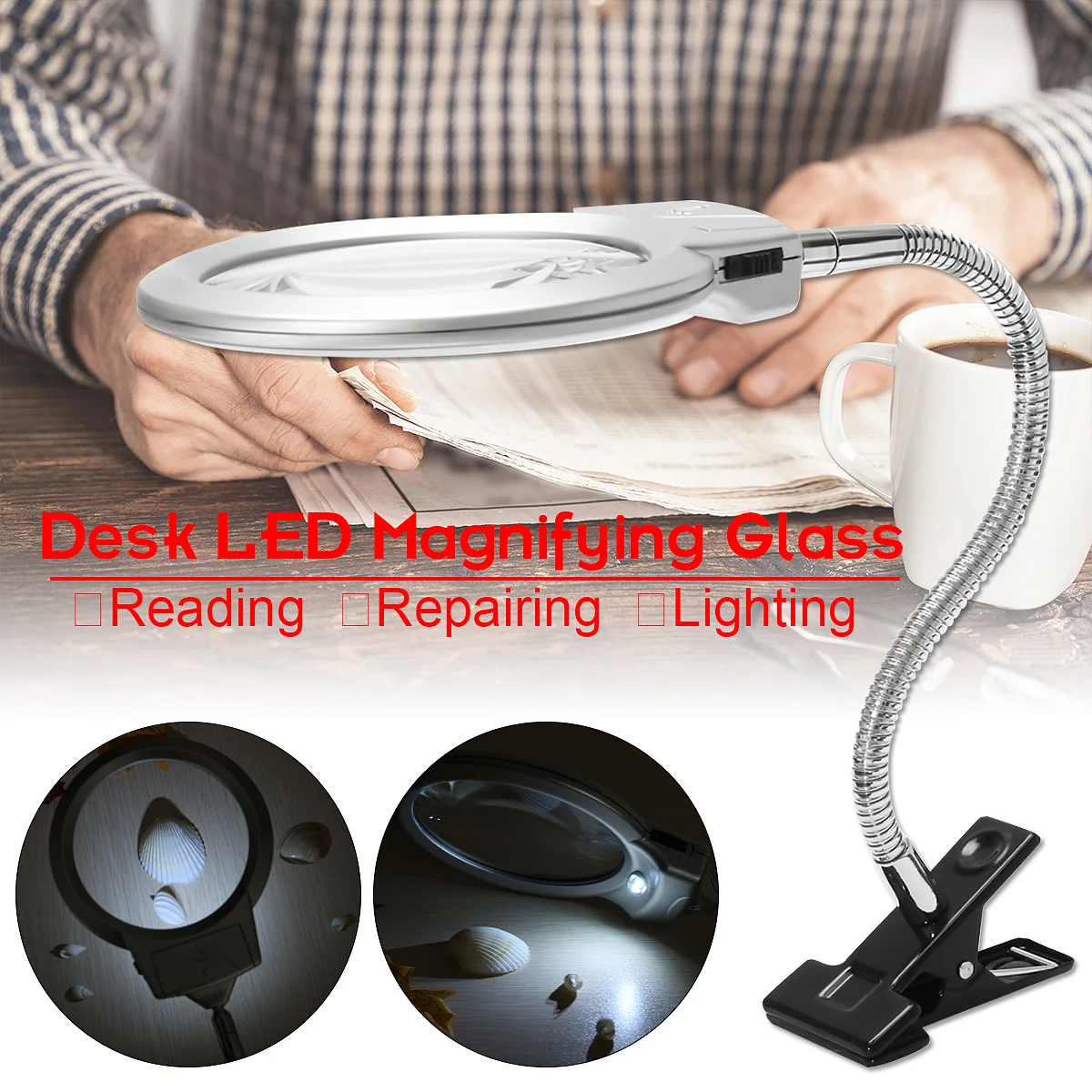 

Illuminated Magnifier Magnifying Clip On Desktop Glass Reading Loupe Metal Hose LED Lighted Lamp Top Desk Magnifier With Clamp