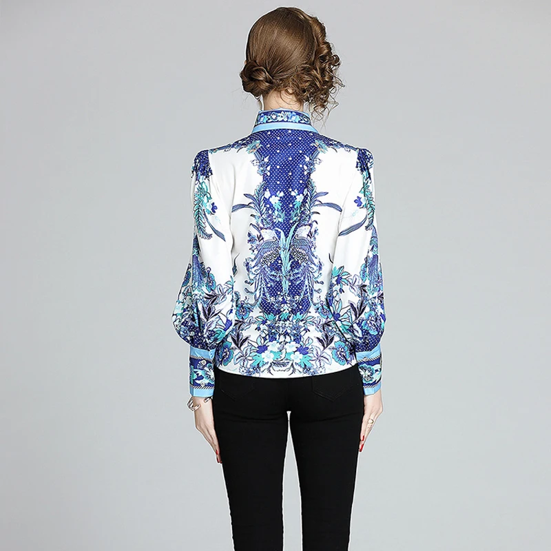 

Women Leopard Runway Blouse 2019 Fashion Long Sleeve Turn Down Collar Printed latern sleeve Tops Designer Shirts