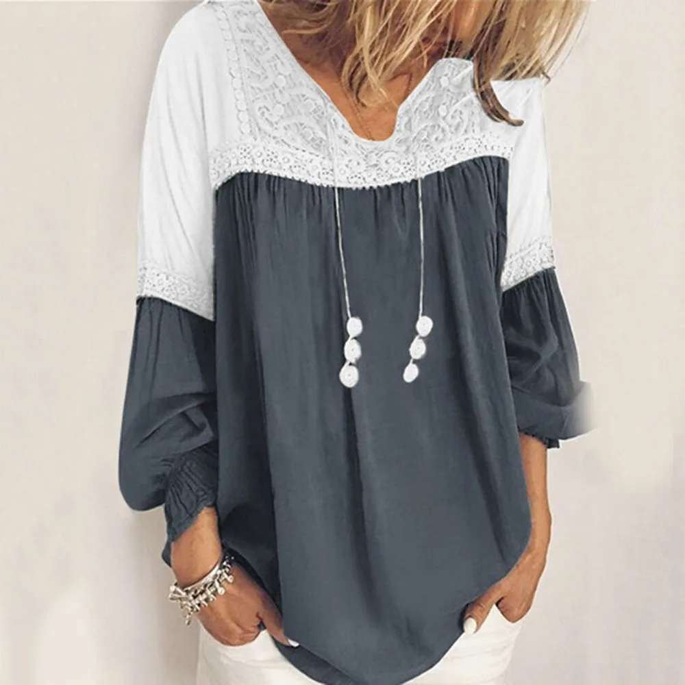 

2021 Spring New Fashion Loose Casual Contrast Color Stitching Shirt Lace Simple Thin V-neck Lantern Sleeve