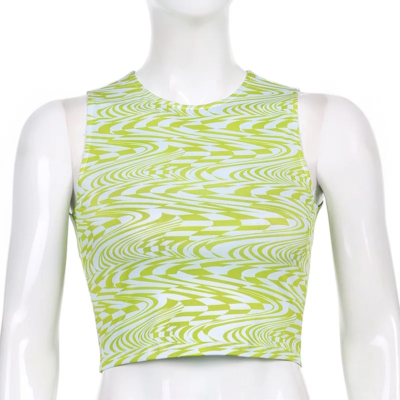 

90s Aesthetics Striped Print Crop Tops Summer Streetwear Sleeveless O-neck Green Baby Tanks Women Nice Sexy Vests