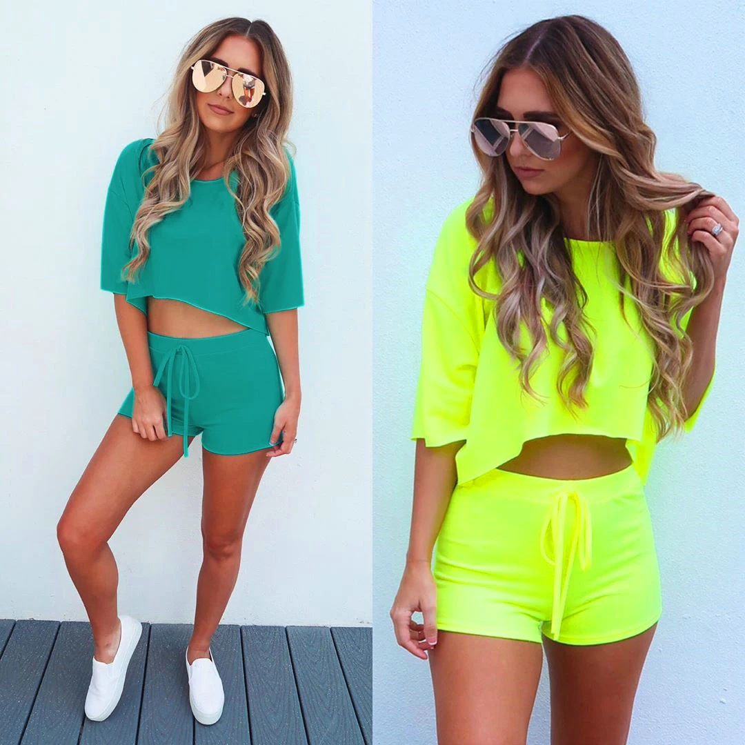 Новое поступление 2019 женские комплекты круглый вырез короткий рукав топы с