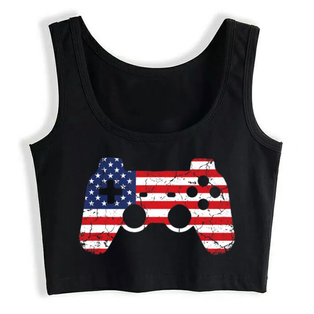 

Кроп-Топ женский винтажный Состаренный с флагом США, контроллер видеоигры, Модный черный топ без рукавов для женщин