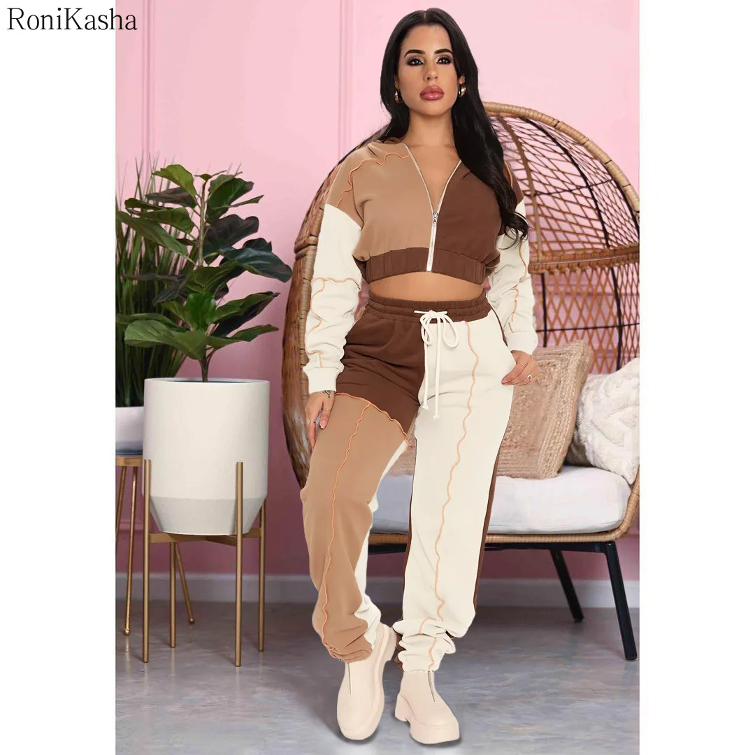 

Ronikasha New Women 2 Piece Hoodie Set Spliced Line Design Fashion Autumn And Winter Sweatpants Outfits