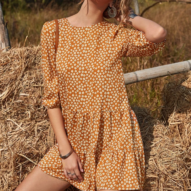

Women Floral Printing Dress Loose Fit Summer Casual Beach Sundress Round Neck Ruffle 3/4 Sleeves Mini Dress