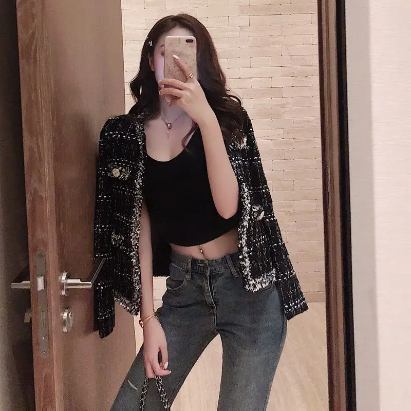 Mozuleva/Новинка Женская черная твидовая куртка Клетчатое пальто Осеннее маленькое