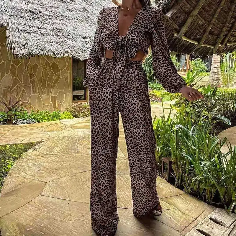 

Women Sexy V Neck Print Boho Long Pant Set 2021 Summer Fashion Lady Long Sleeve Beach Holiday High Waist Wide Leg Pants Set