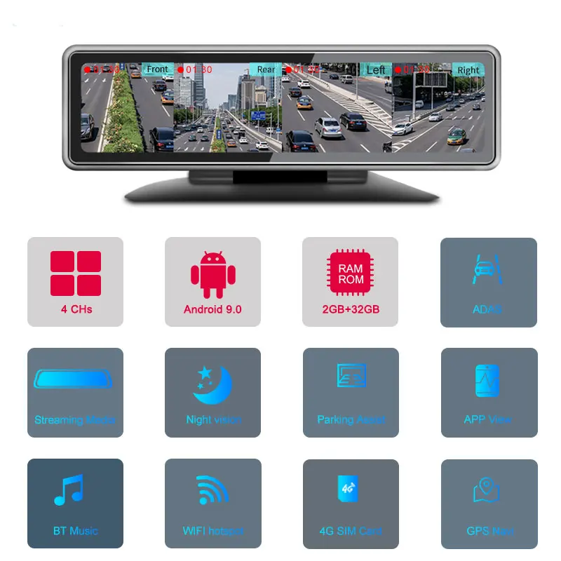 Автомобильный видеорегистратор 4 камеры 4G Android 9 0 12 дюймов Full Touch DVR 360 ° панорамный