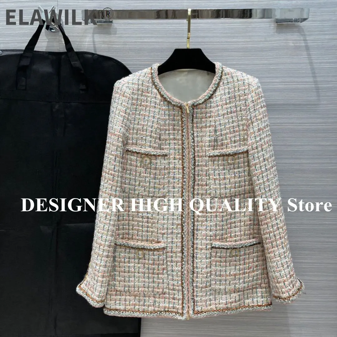 

Женский твидовый пиджак в клетку, Яркий шелковый пиджак с круглым вырезом и четырьмя карманами, на молнии