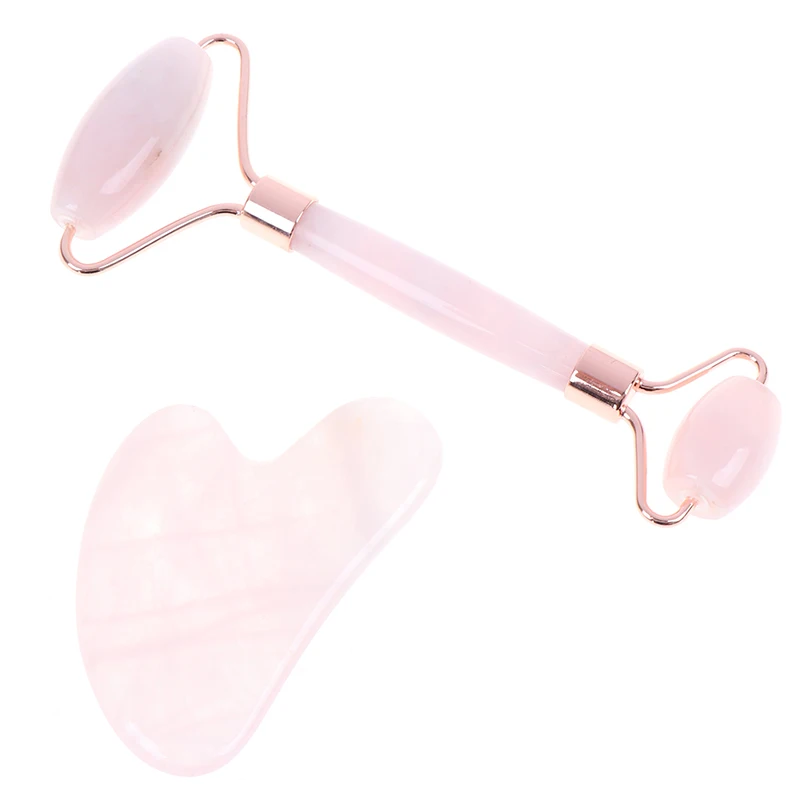

1set Facial Massage Roller + Guasha Board Double Heads Pink Jade Stone Face Lift Body Skin Relaxation Slimming Massager