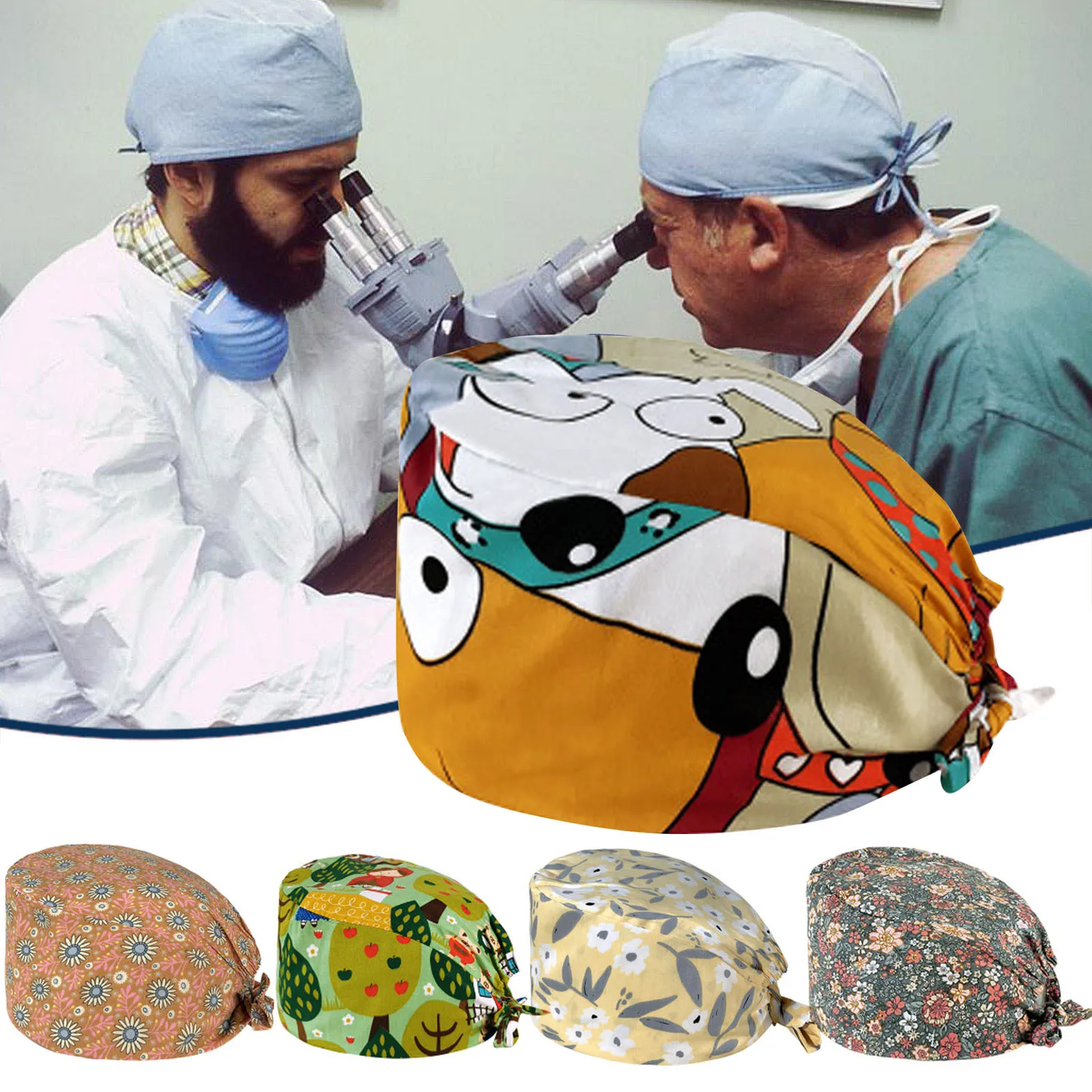 

Hospital Laboratory Sweatband Print Working Scrub Cap With Buttons For Womens and Mens Bouffant Nurse Hats Gorro Enfermera A50